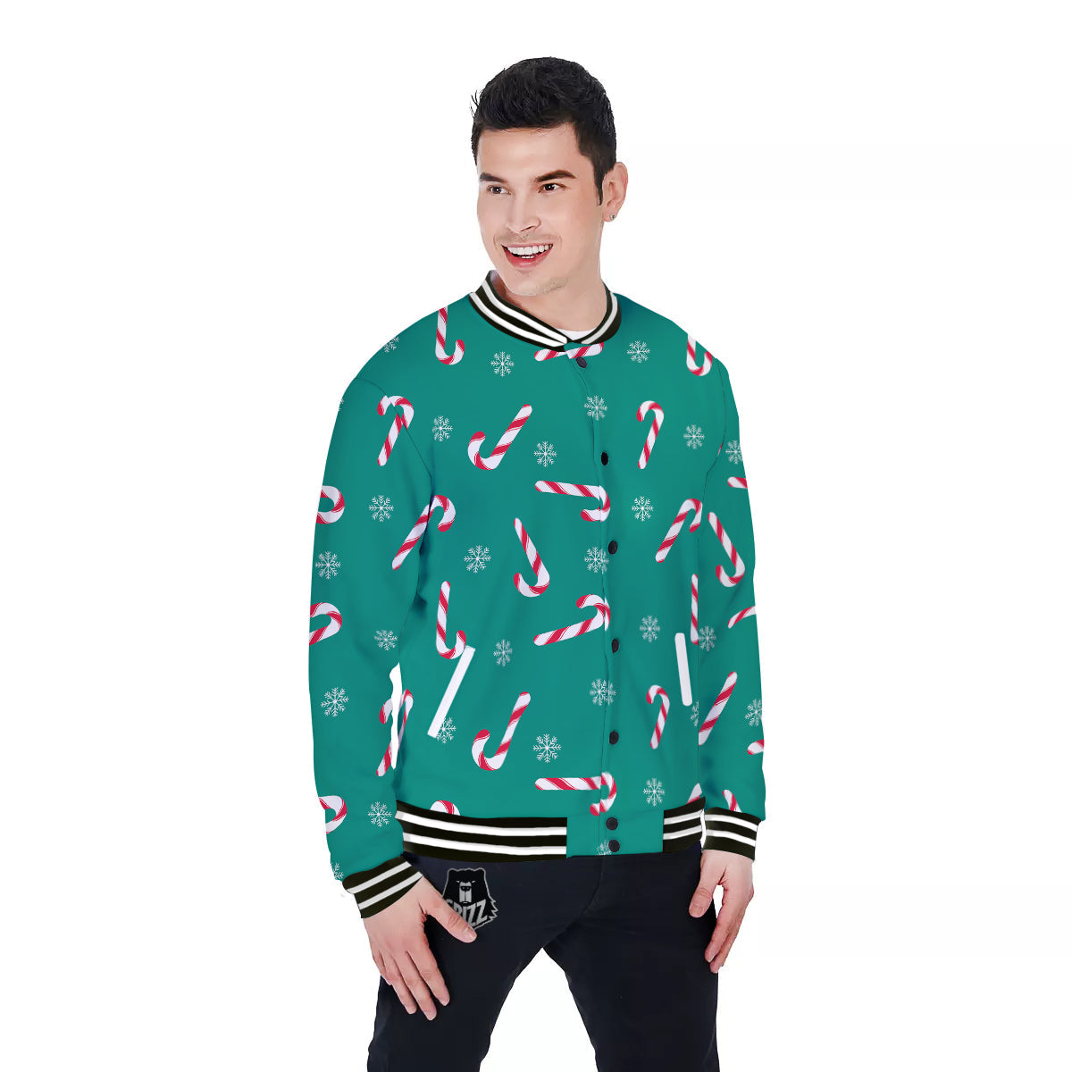 Candy Cane Xmas Print Pattern Baseball Jacket-grizzshop