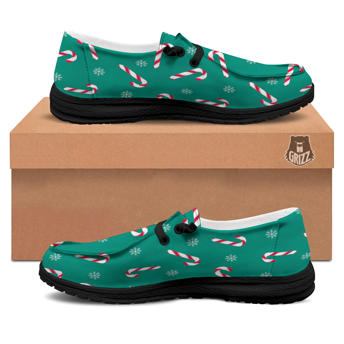 Candy Cane Xmas Print Pattern Black Loafers-grizzshop