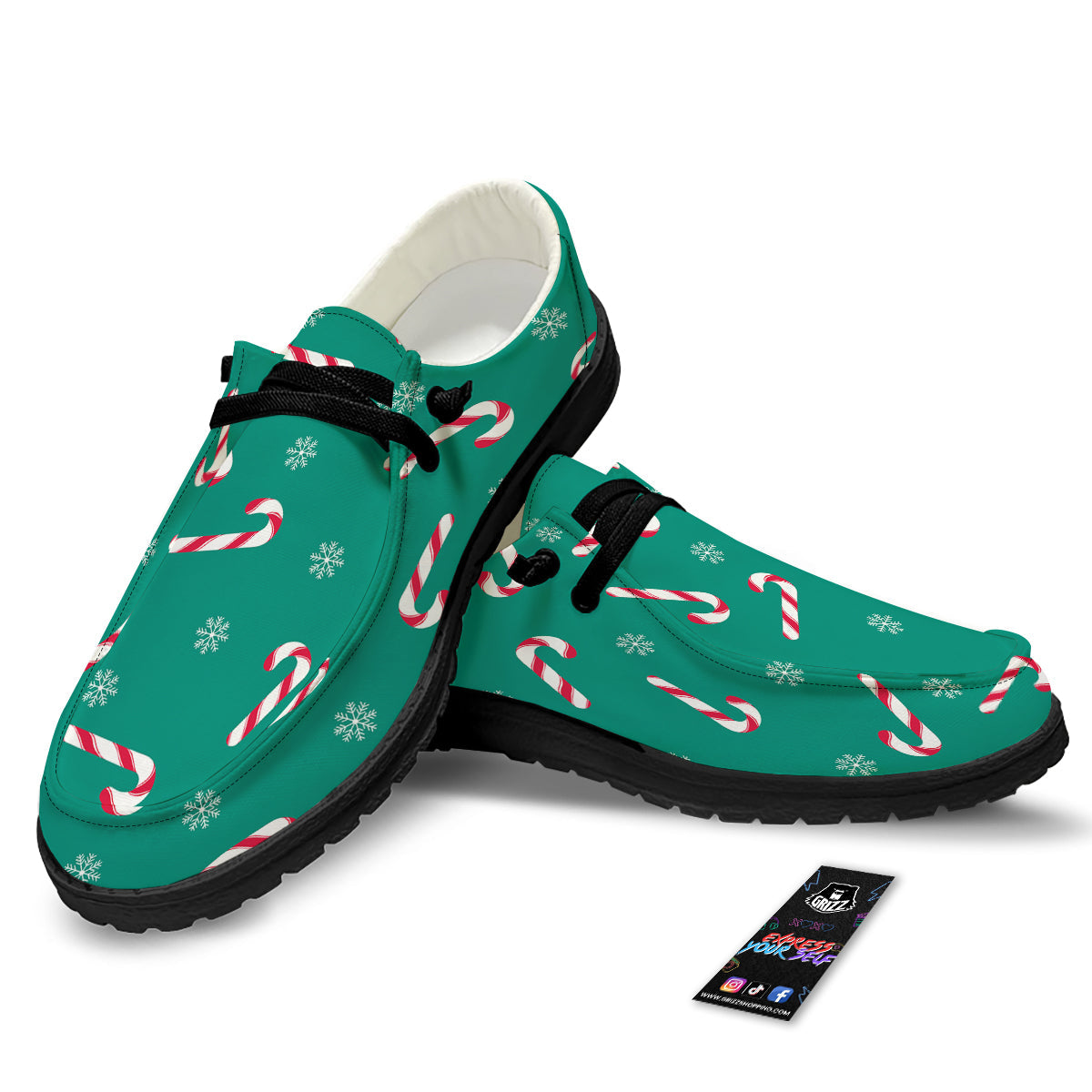 Candy Cane Xmas Print Pattern Black Loafers-grizzshop