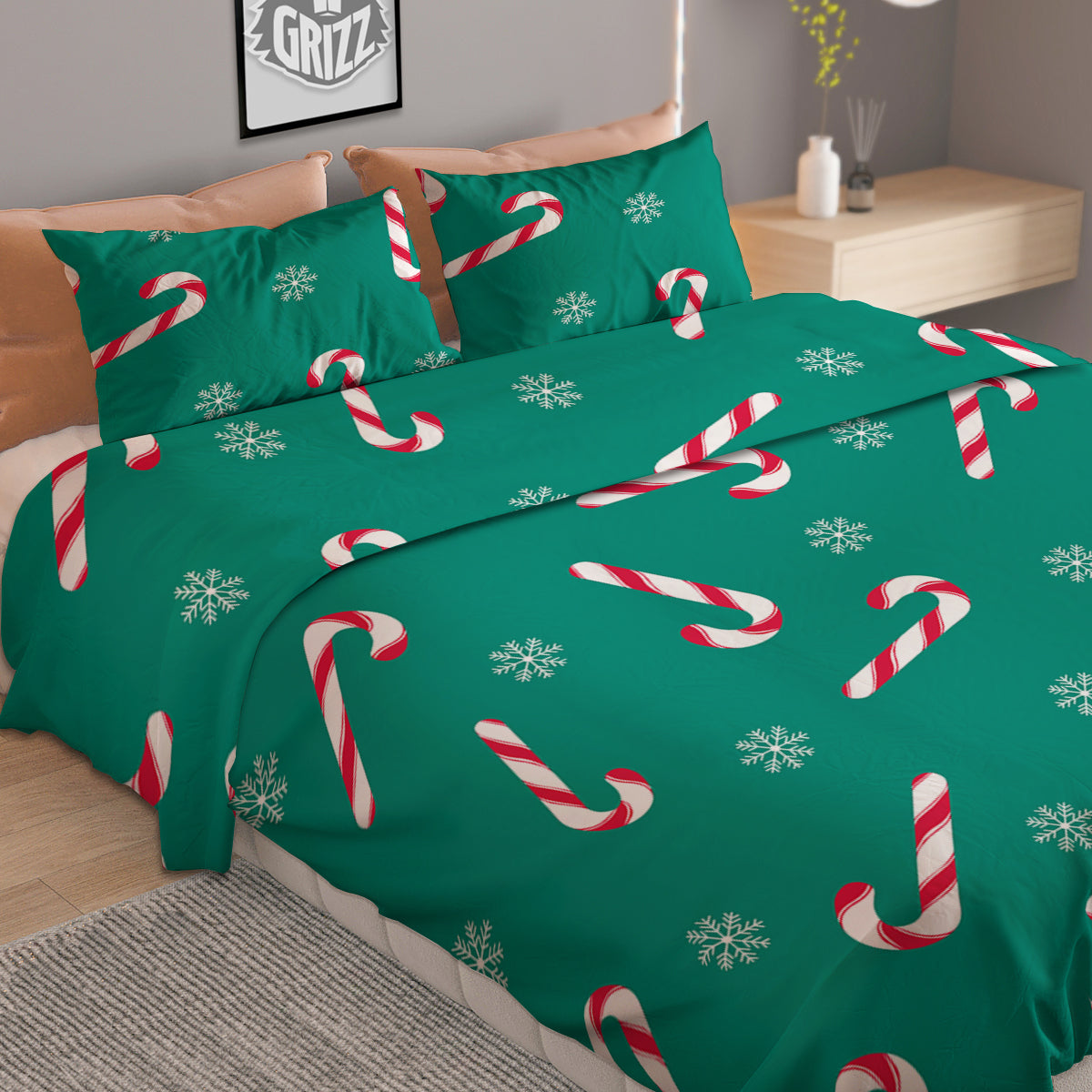 Candy Cane Xmas Print Pattern Duvet Cover Bedding Set