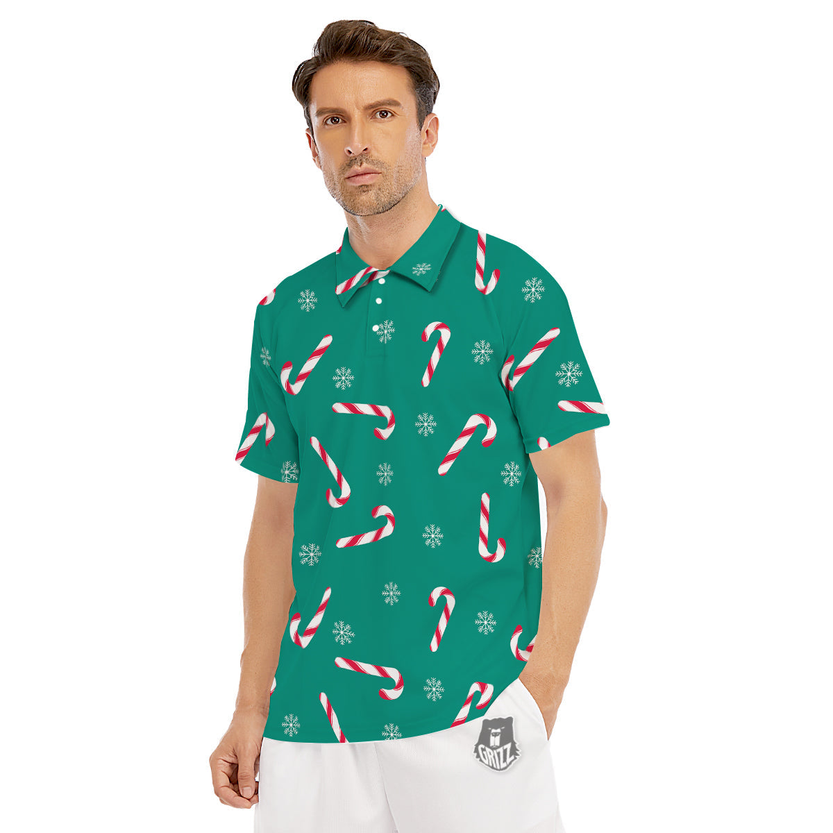 Candy Cane Xmas Print Pattern Men's Golf Shirts-grizzshop
