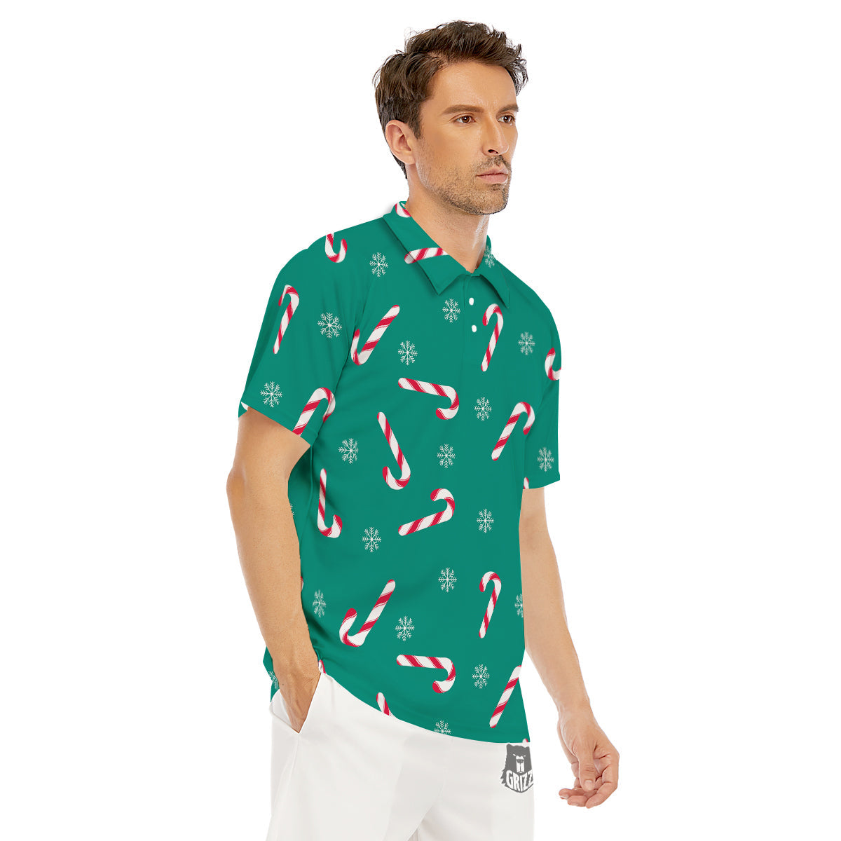 Candy Cane Xmas Print Pattern Men's Golf Shirts-grizzshop