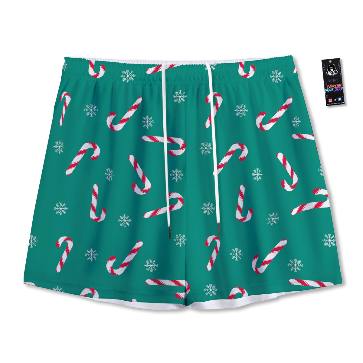 Candy Cane Xmas Print Pattern Mesh Shorts