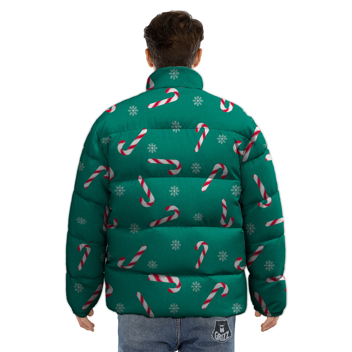 Candy Cane Xmas Print Pattern Puffer Jacket-grizzshop