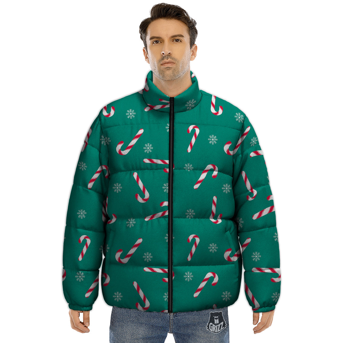 Candy Cane Xmas Print Pattern Puffer Jacket-grizzshop