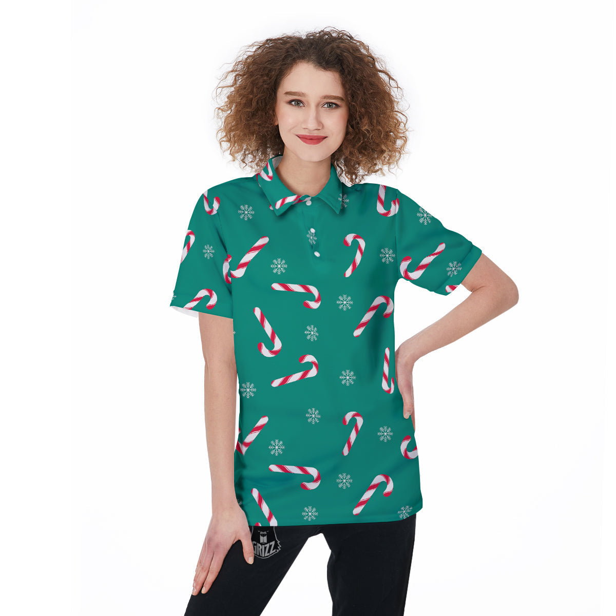 Candy Cane Xmas Print Pattern Women's Golf Shirts-grizzshop