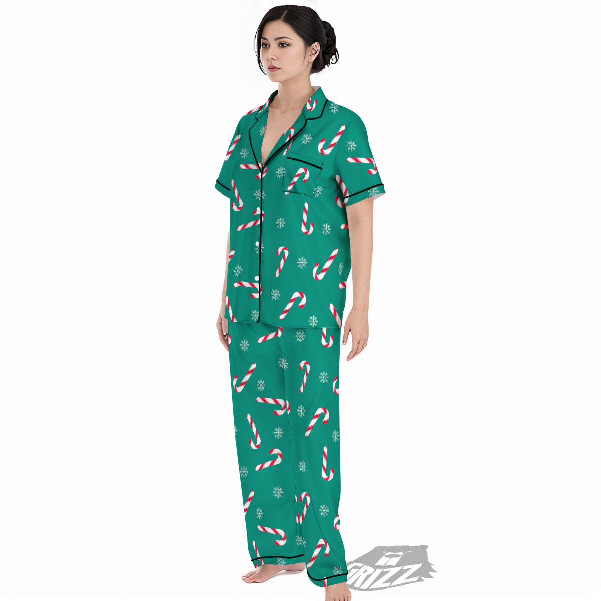 Candy Cane Xmas Print Pattern Women's Pajamas Set-grizzshop