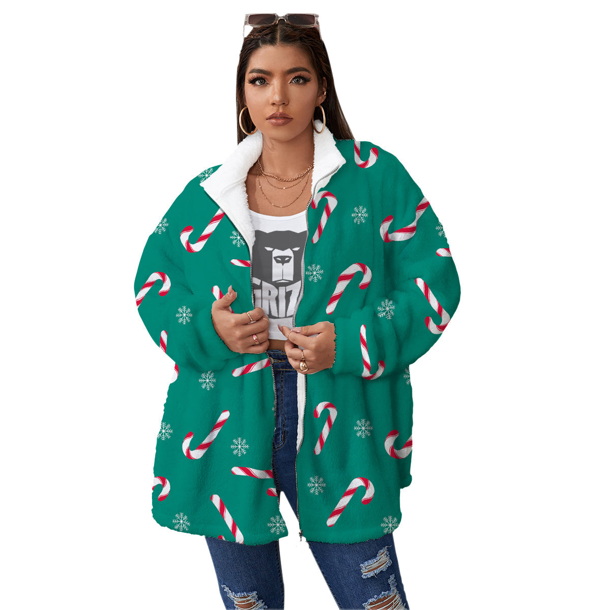 Candy Cane Xmas Print Pattern Women's Sherpa Jacket-grizzshop