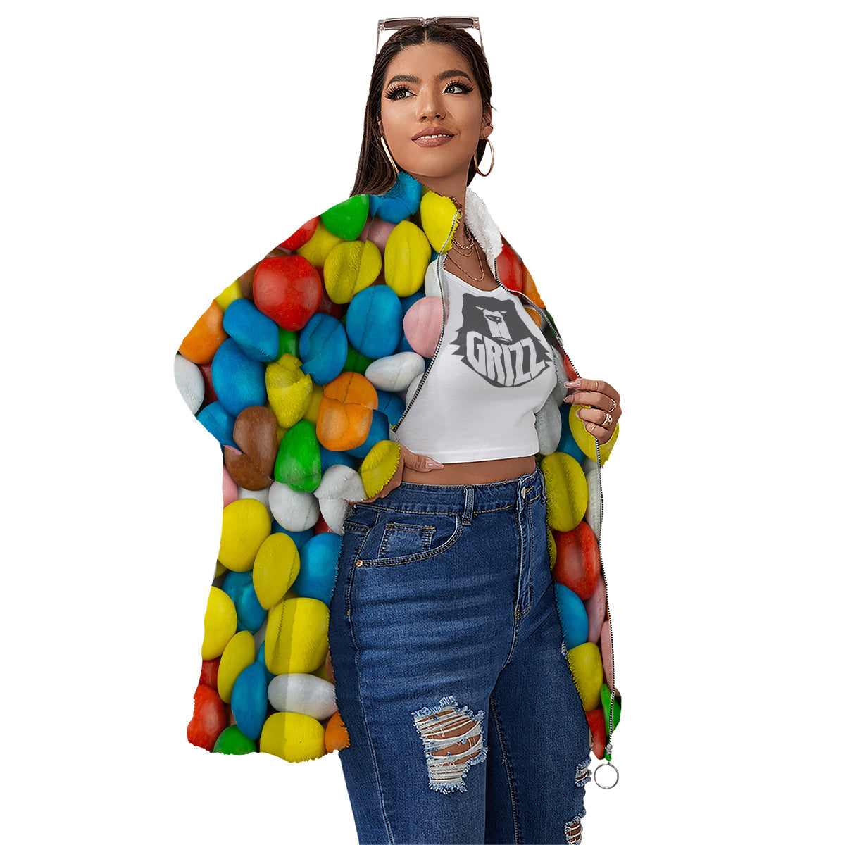Candy Chocolate Colorful Print Women's Sherpa Jacket-grizzshop