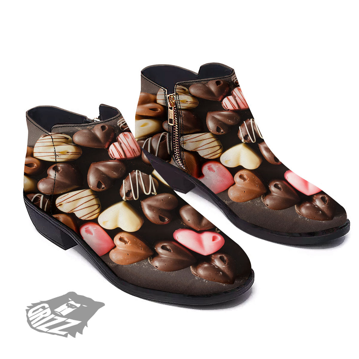 Candy Chocolate Heart Print Ankle Boots-grizzshop