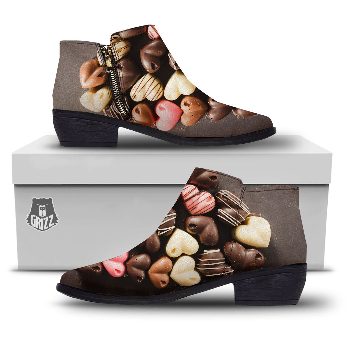 Candy Chocolate Heart Print Ankle Boots-grizzshop