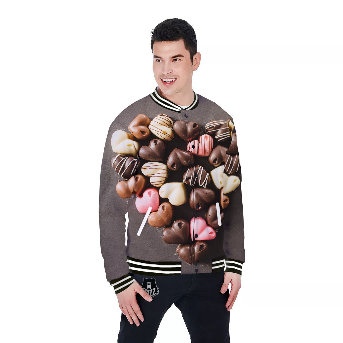 Candy Chocolate Heart Print Baseball Jacket-grizzshop