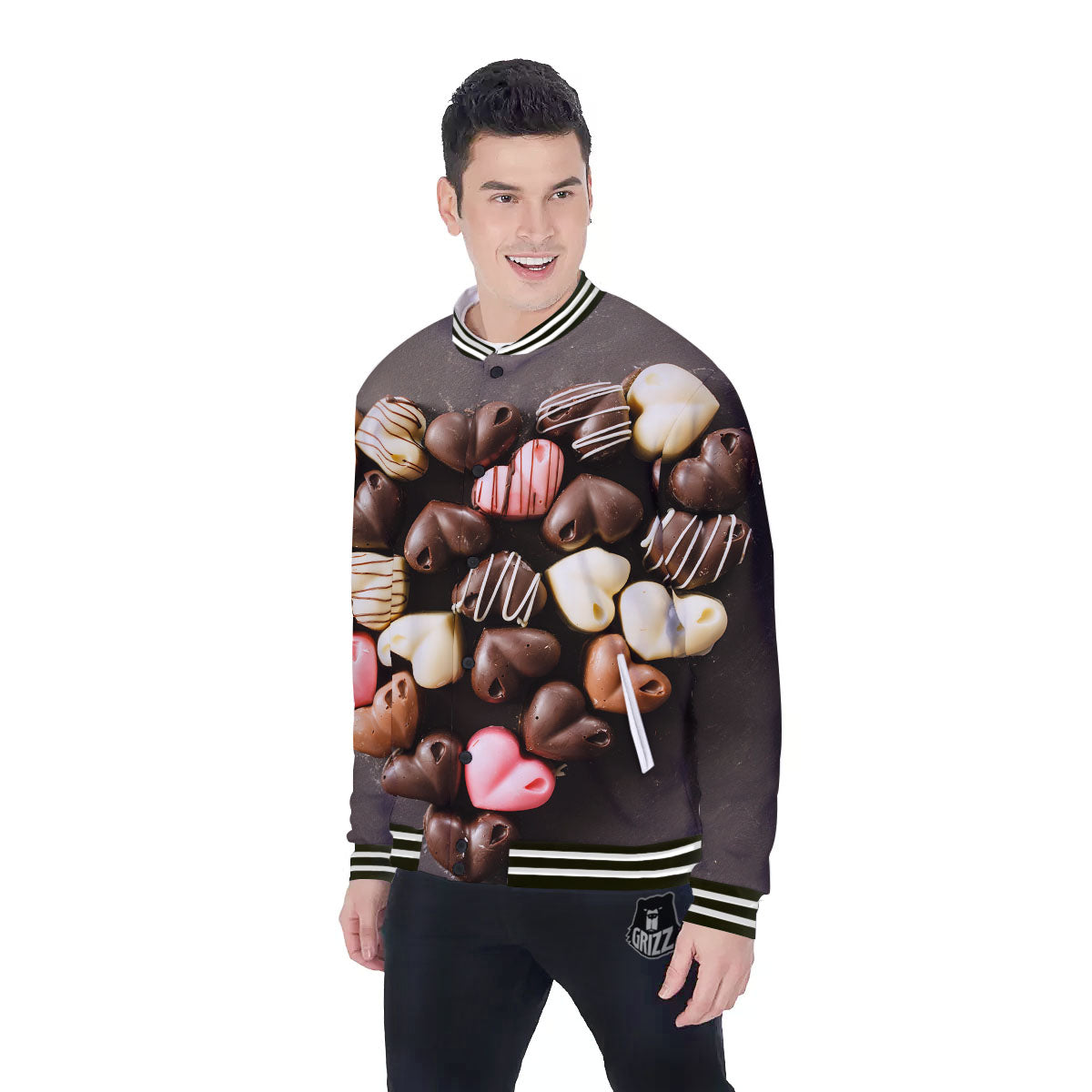 Candy Chocolate Heart Print Baseball Jacket-grizzshop