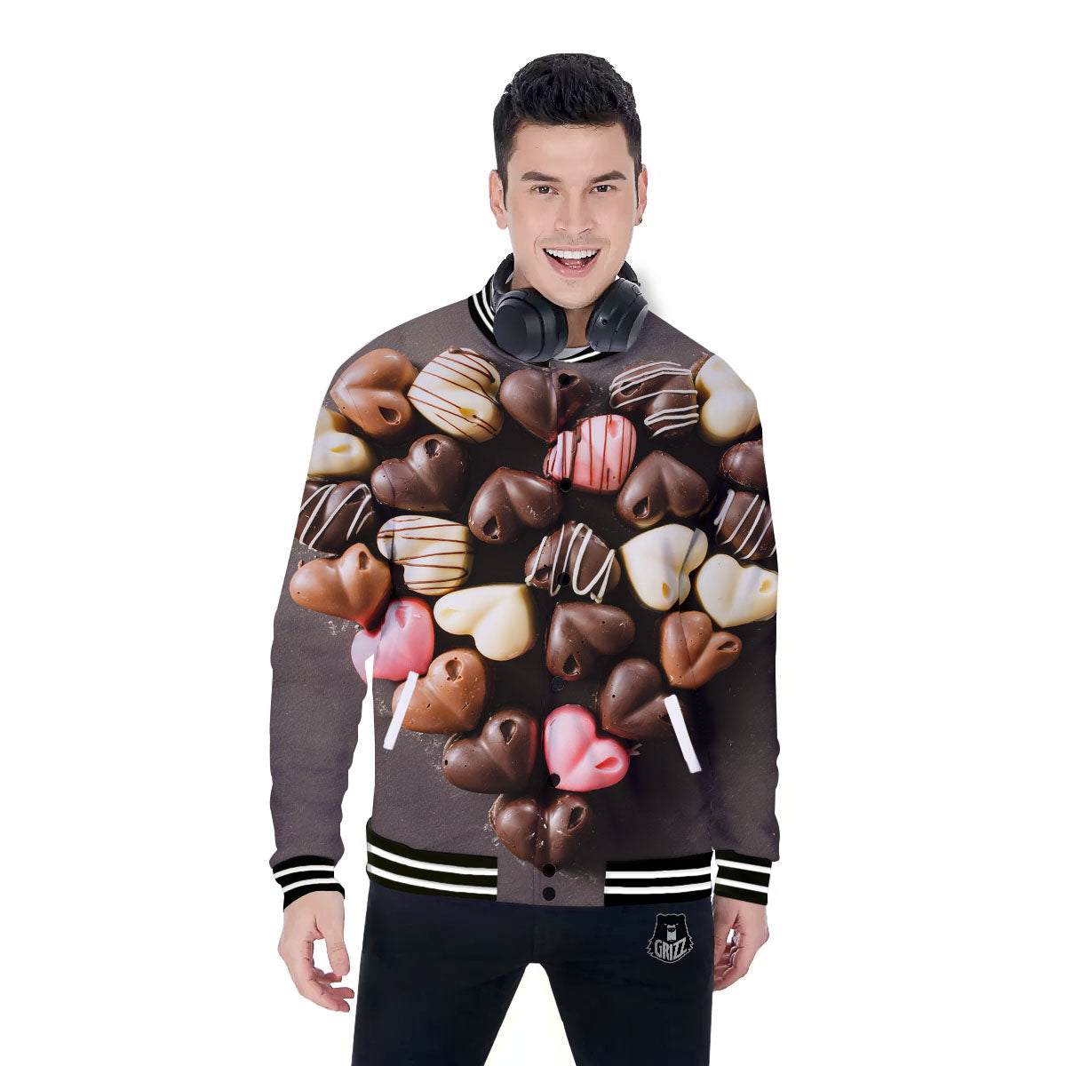 Candy Chocolate Heart Print Baseball Jacket-grizzshop