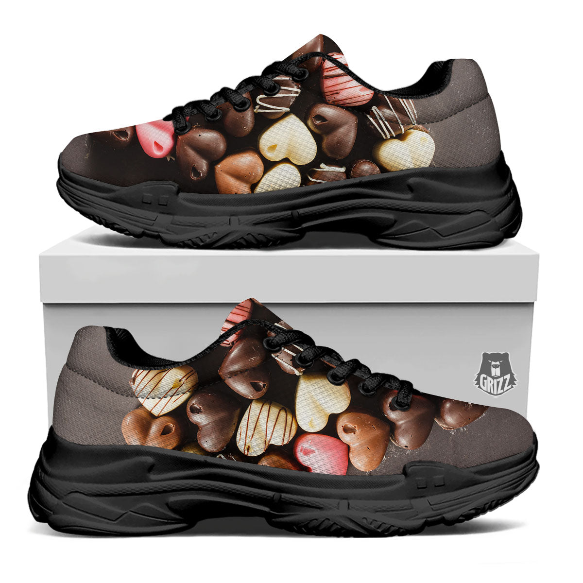 Candy Chocolate Heart Print Black Chunky Shoes-grizzshop