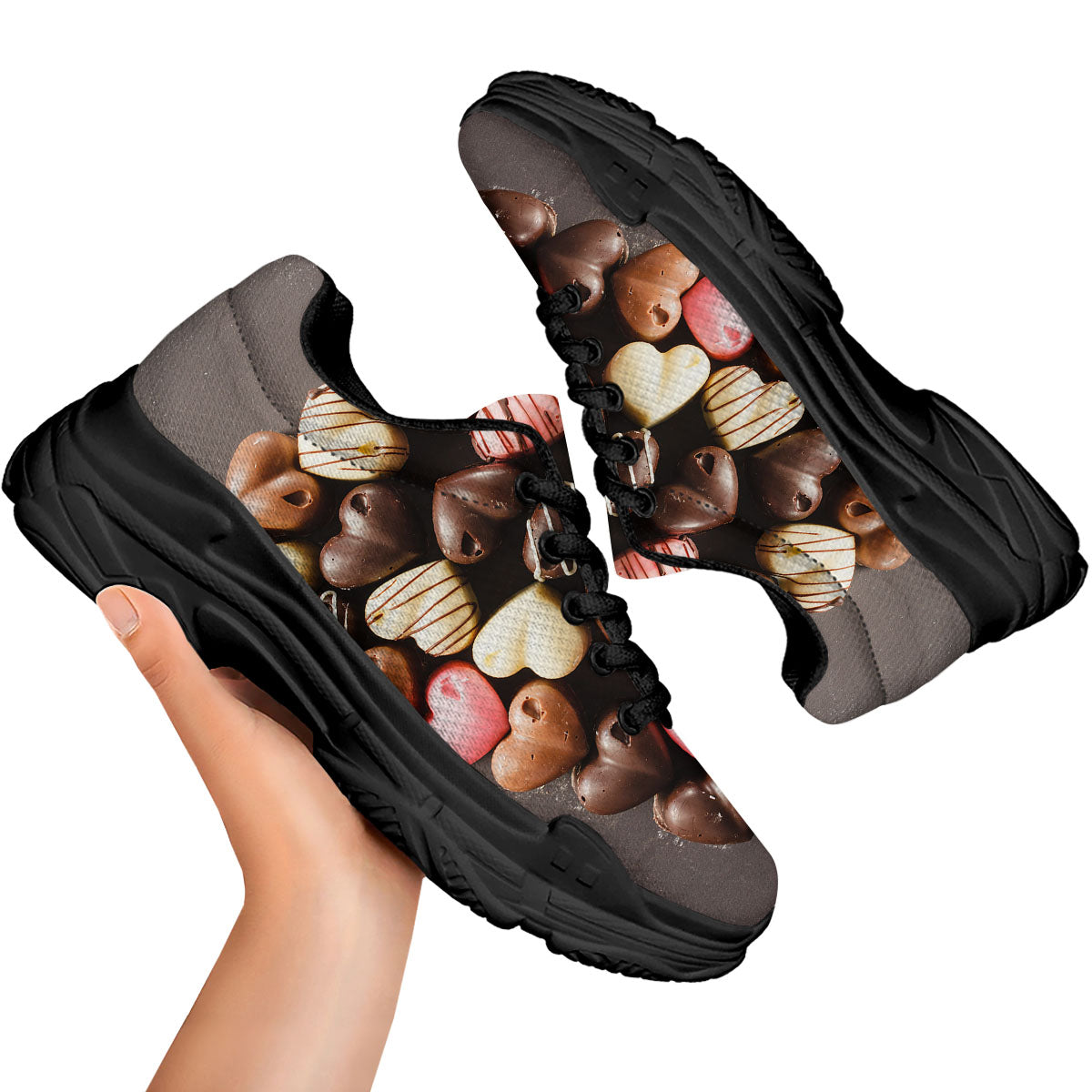 Candy Chocolate Heart Print Black Chunky Shoes-grizzshop
