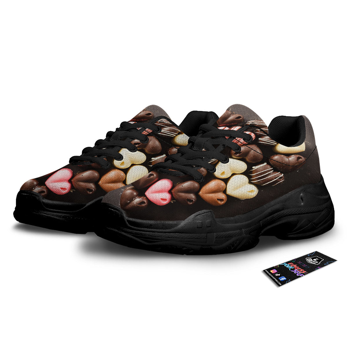 Candy Chocolate Heart Print Black Chunky Shoes-grizzshop