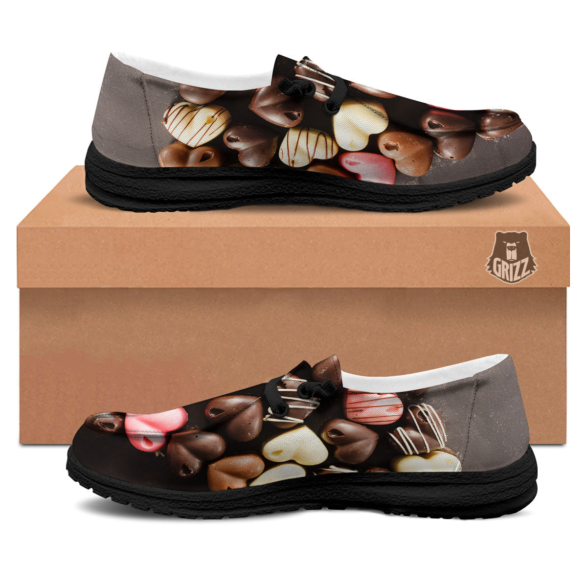 Candy Chocolate Heart Print Black Loafers-grizzshop