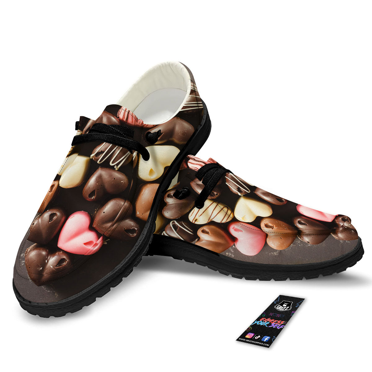 Candy Chocolate Heart Print Black Loafers-grizzshop