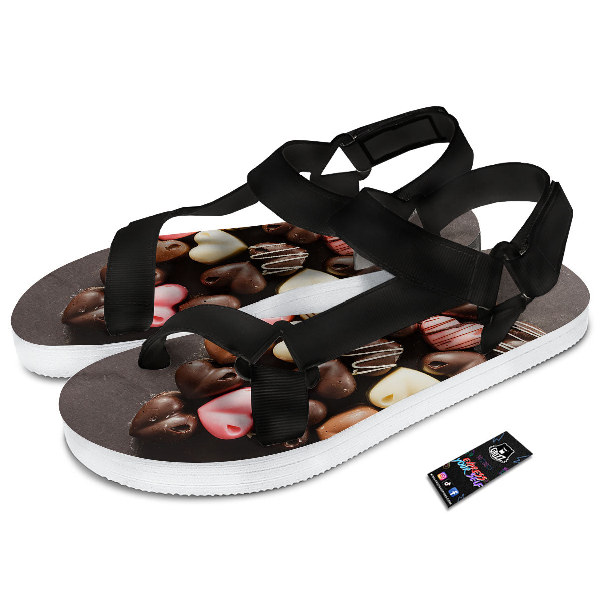 Candy Chocolate Heart Print Black Open Toe Sandals-grizzshop