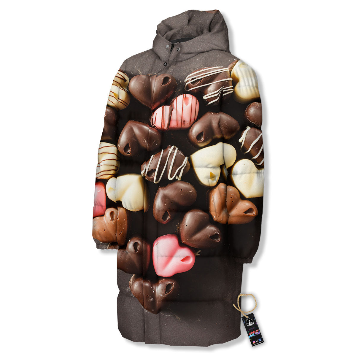 Candy Chocolate Heart Print Long Down Jacket-grizzshop