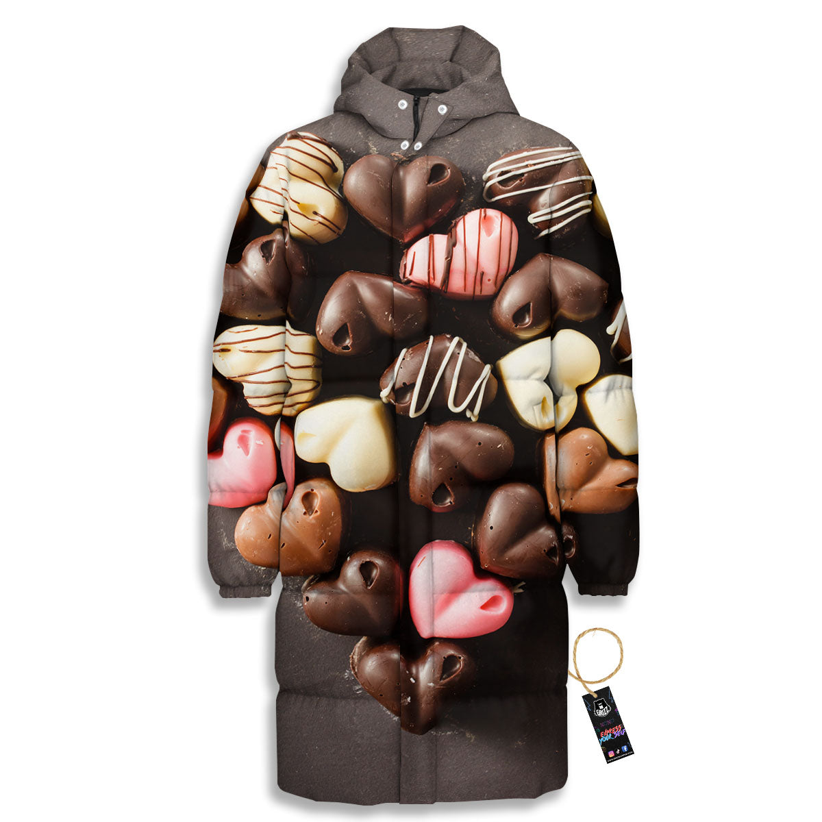Candy Chocolate Heart Print Long Down Jacket-grizzshop