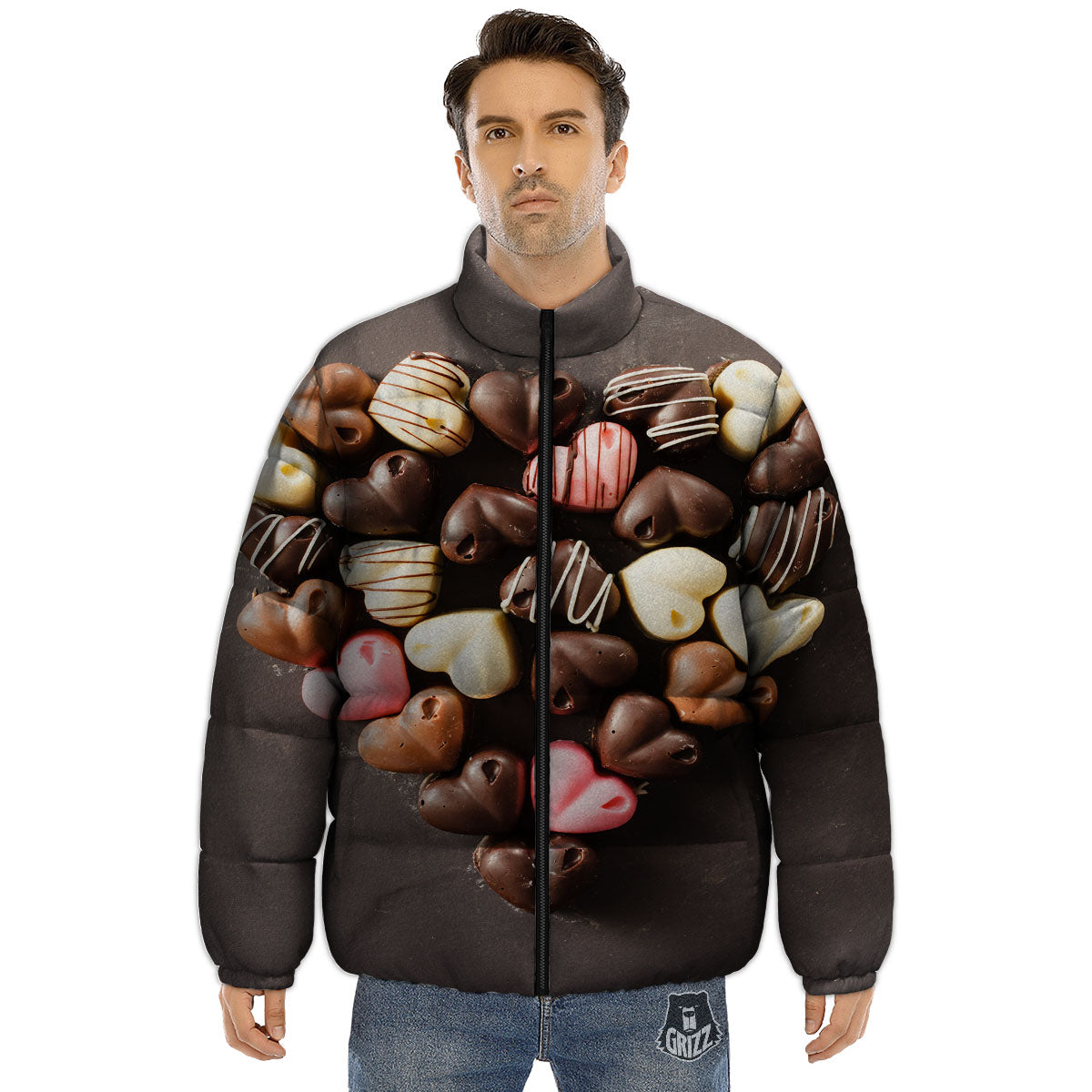 Candy Chocolate Heart Print Puffer Jacket-grizzshop