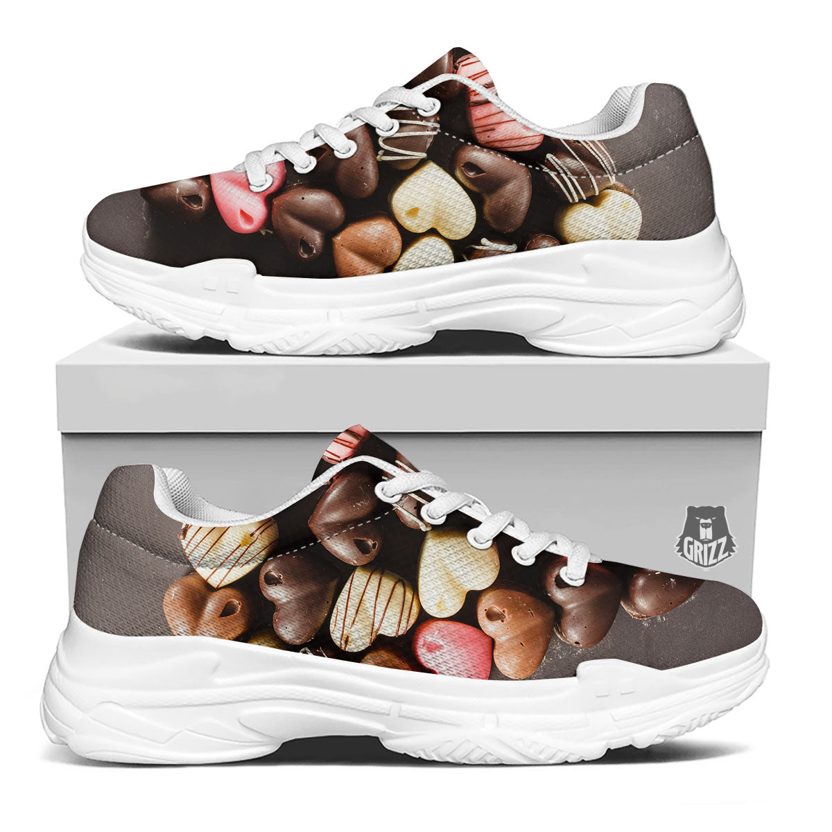 Candy Chocolate Heart Print White Chunky Shoes-grizzshop