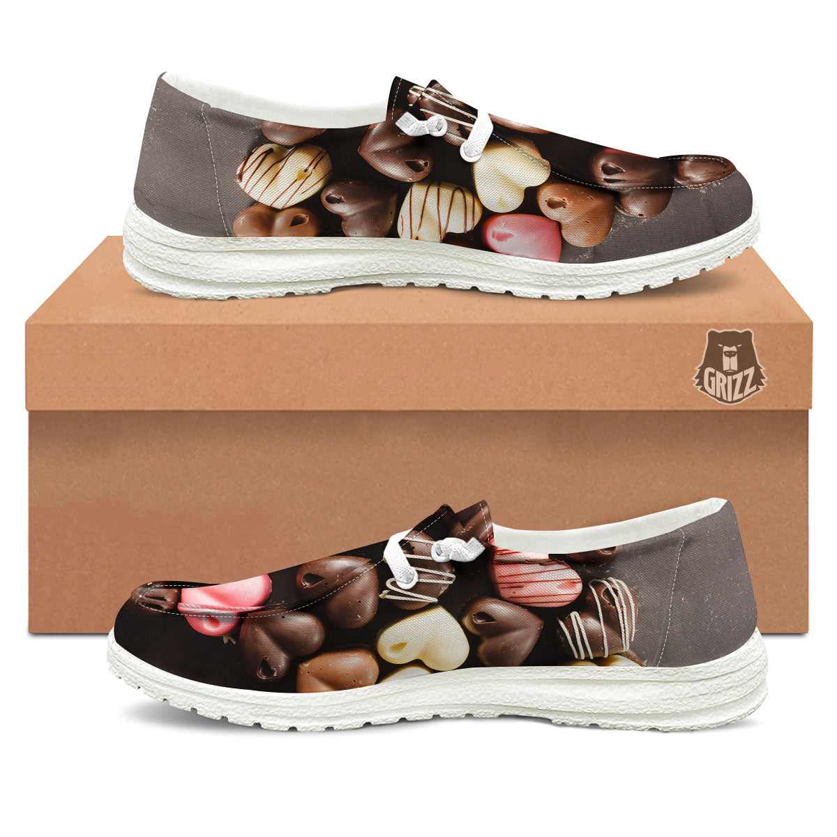 Candy Chocolate Heart Print White Loafers-grizzshop