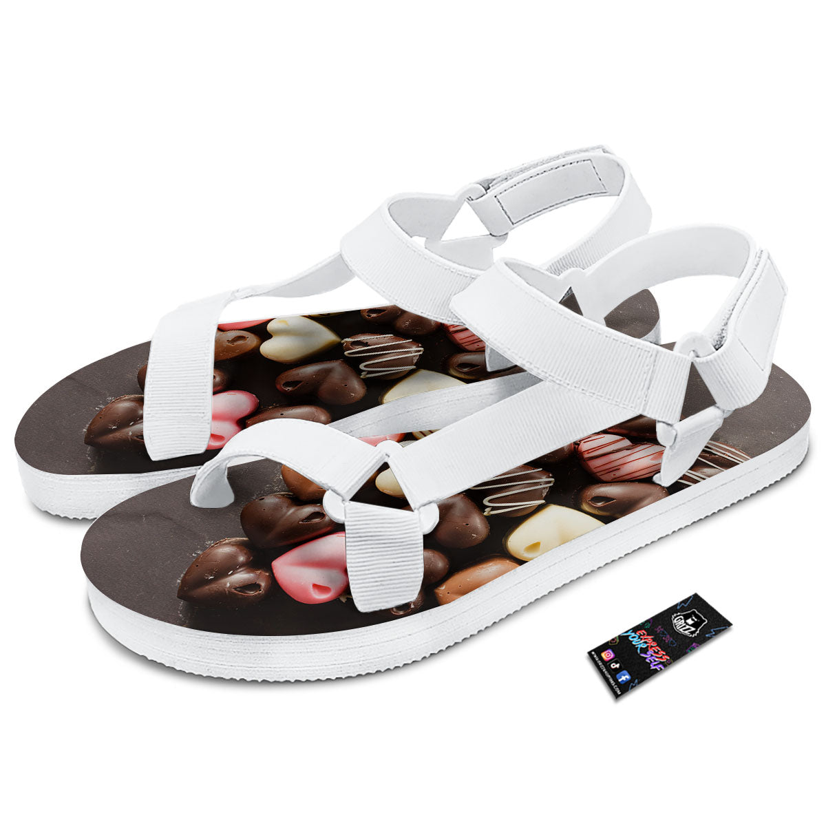Candy Chocolate Heart Print White Open Toe Sandals-grizzshop