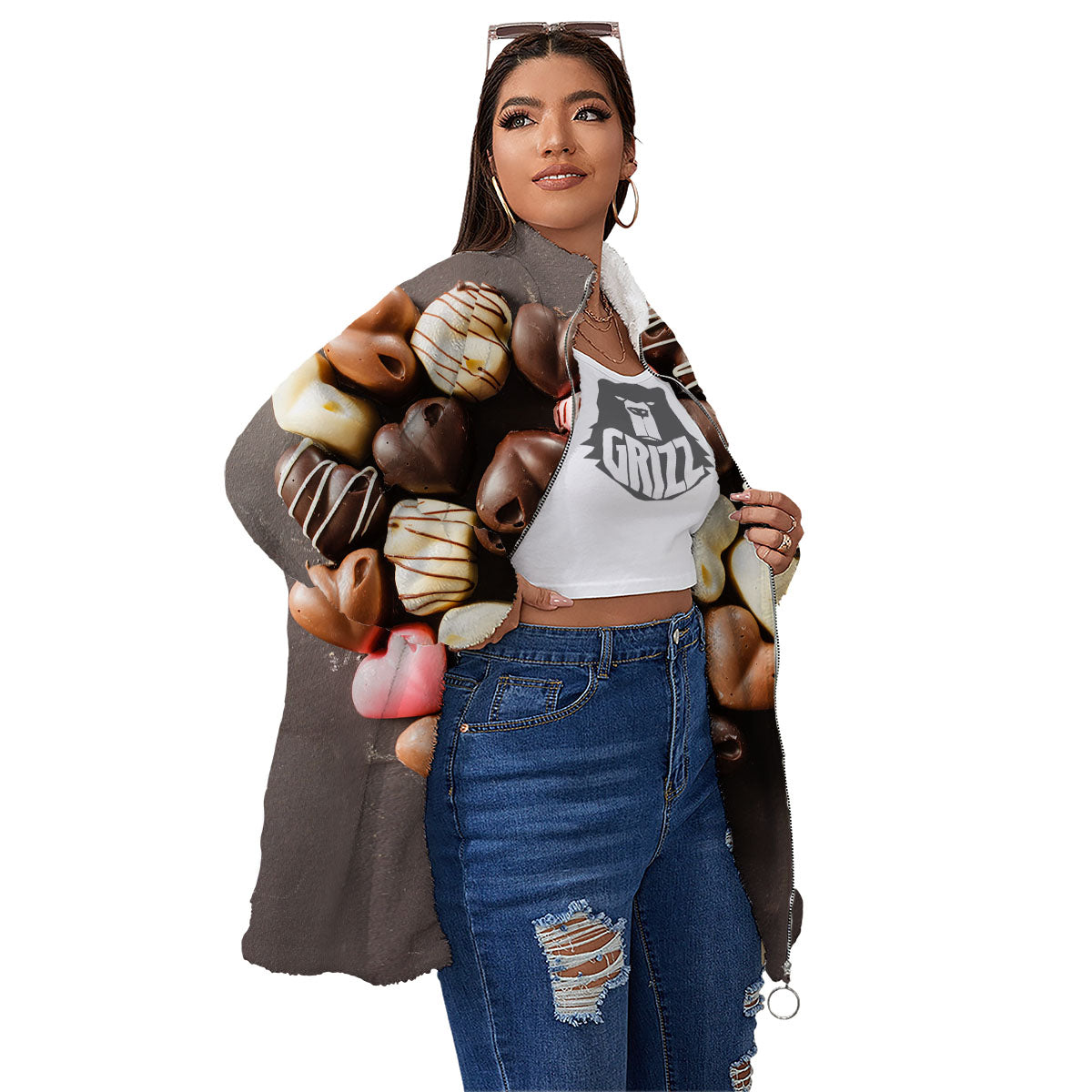 Candy Chocolate Heart Print Women's Sherpa Jacket-grizzshop