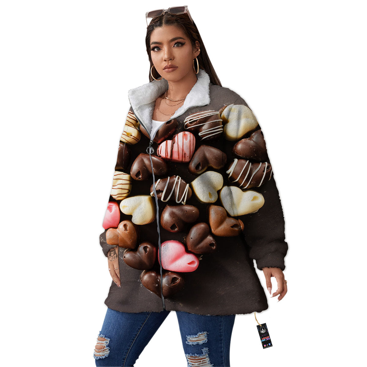 Candy Chocolate Heart Print Women's Sherpa Jacket-grizzshop