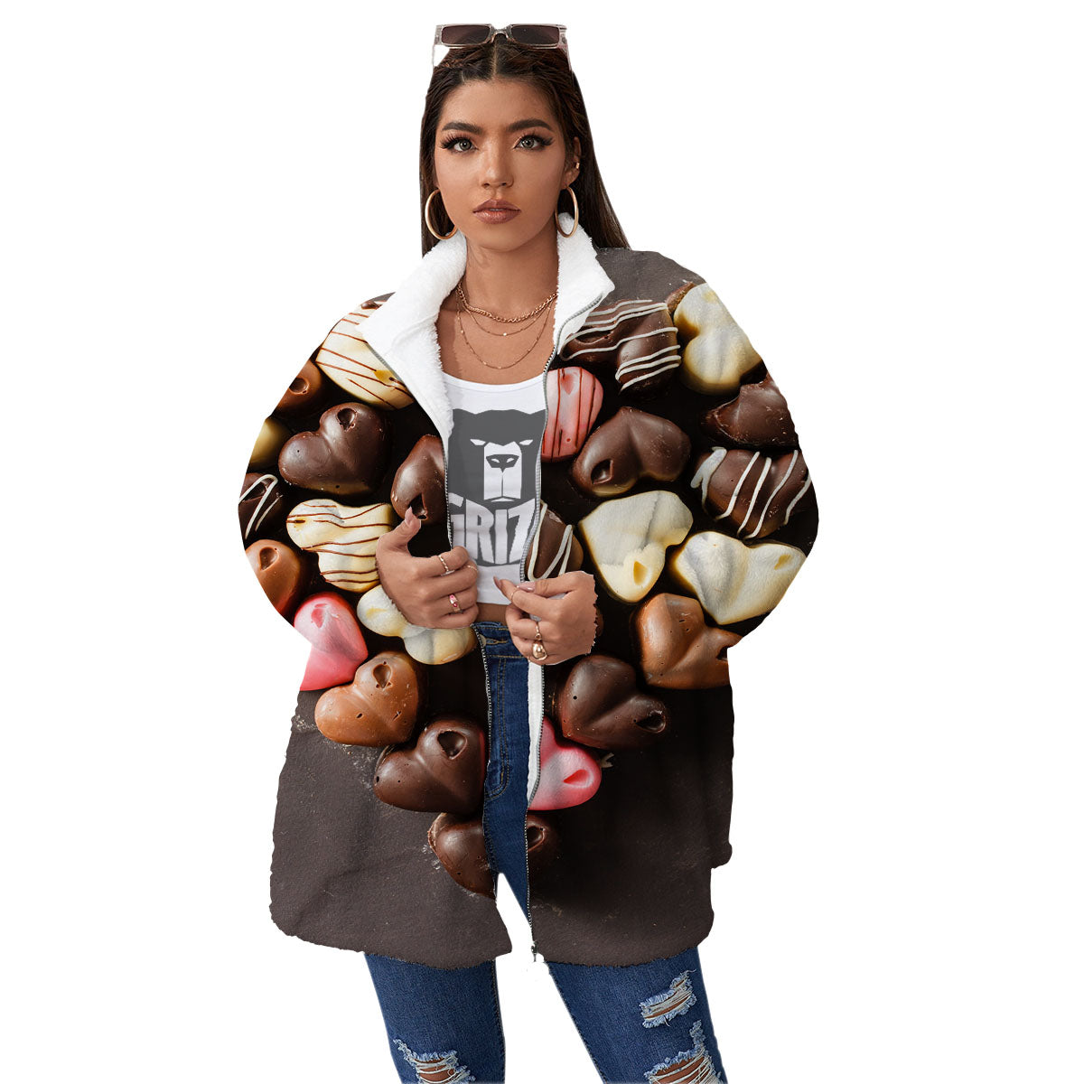 Candy Chocolate Heart Print Women's Sherpa Jacket-grizzshop