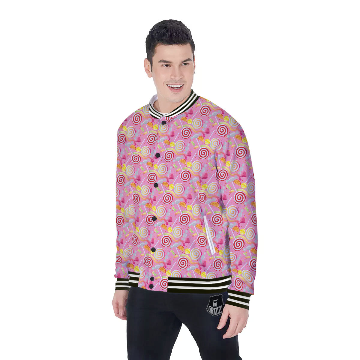 Candy Colorful Print Pattern Baseball Jacket-grizzshop
