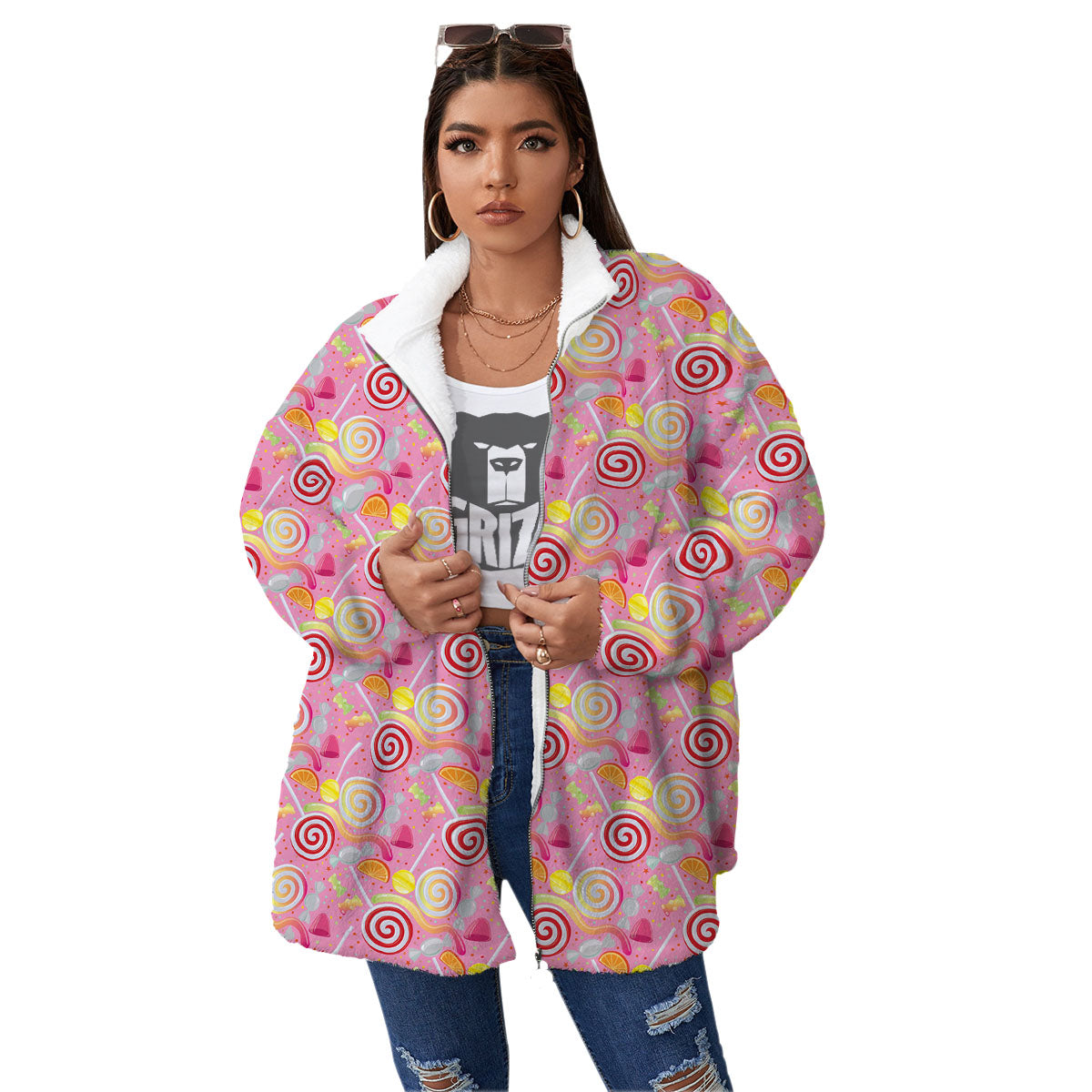 Candy Colorful Print Pattern Women's Sherpa Jacket-grizzshop