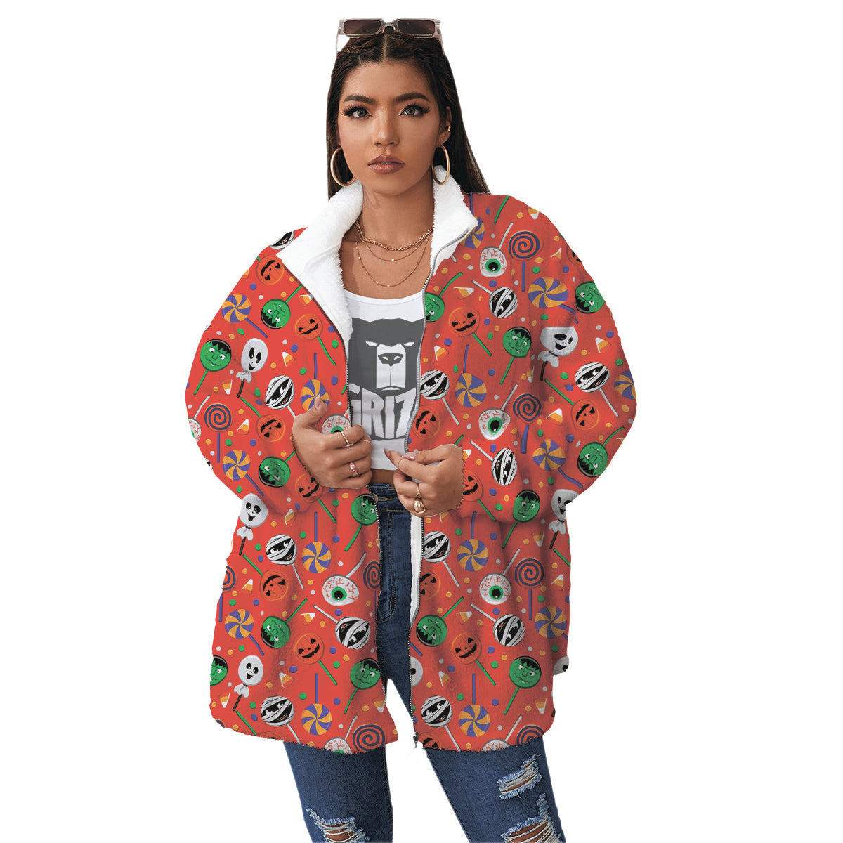 Candy Cute Halloween Print Pattern Women's Sherpa Jacket-grizzshop