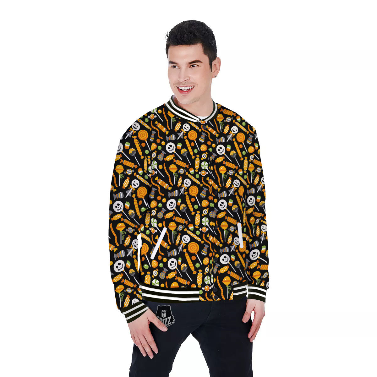 Candy Halloween Print Pattern Baseball Jacket-grizzshop
