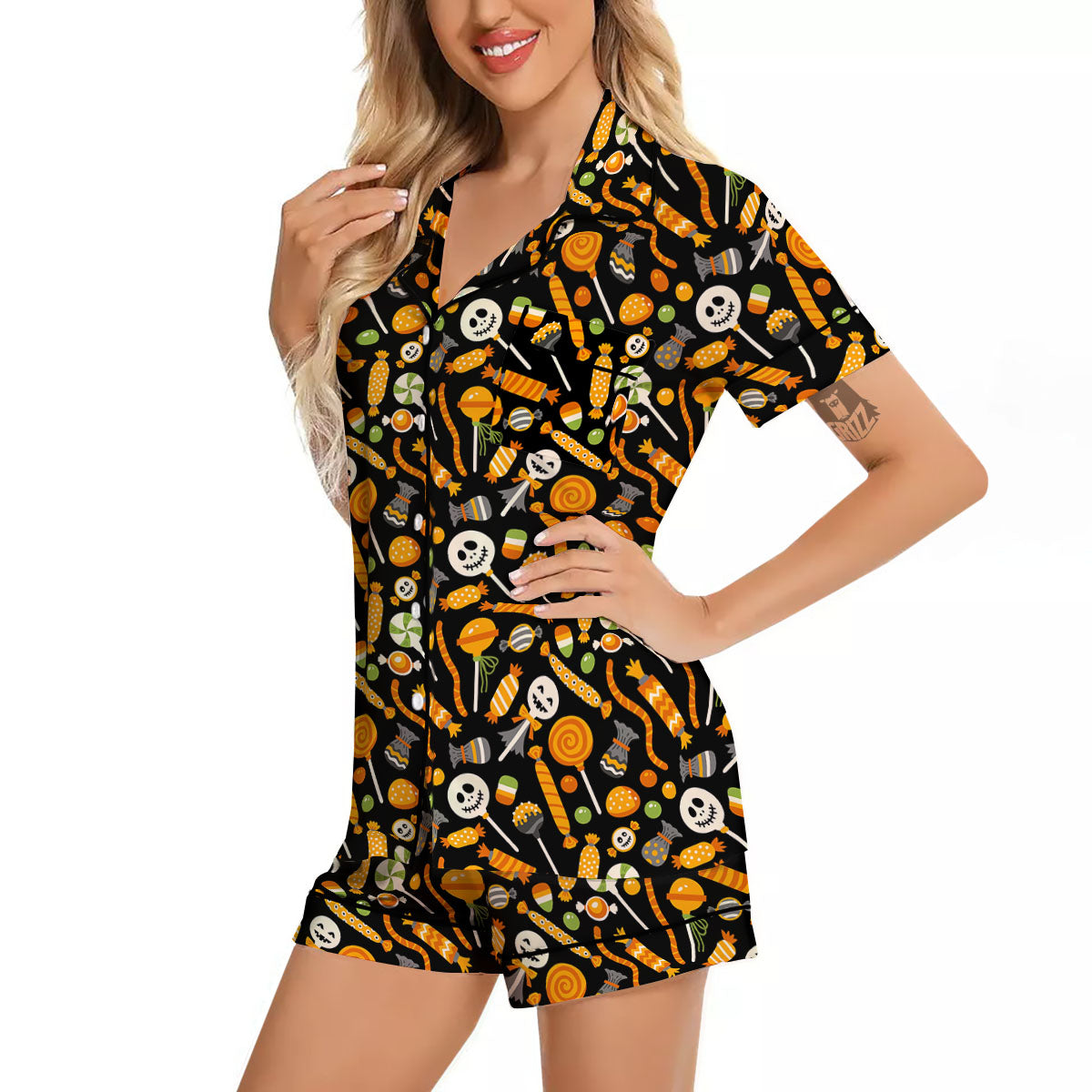 Candy Halloween Print Pattern Women Silk Pajamas-grizzshop