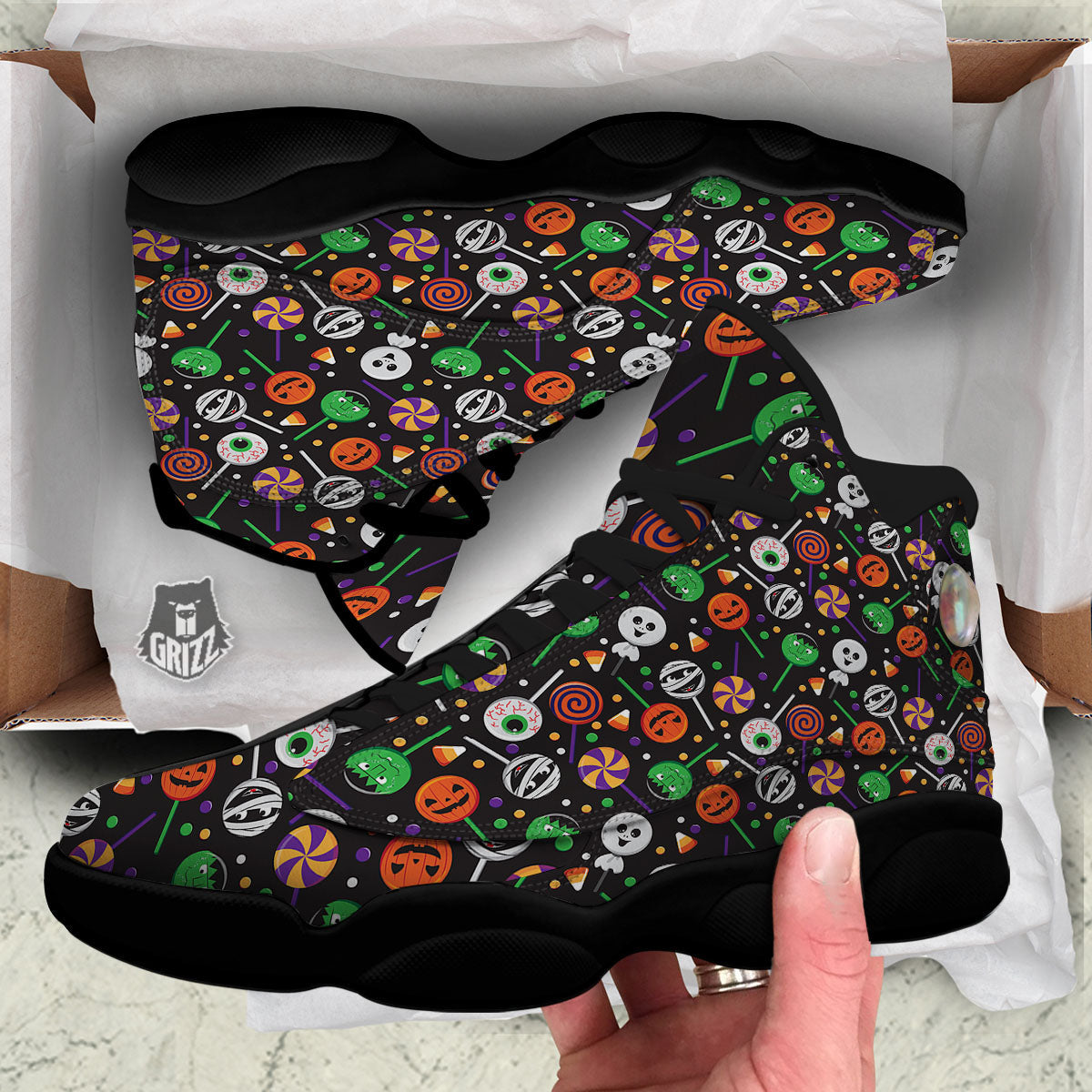 Candy Monsters Halloween Print Pattern Black Basketball Shoes-grizzshop