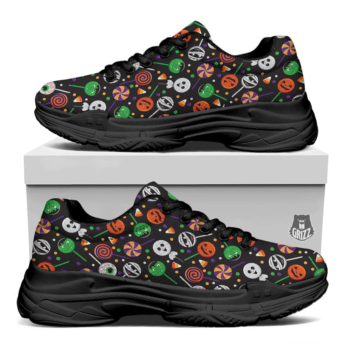 Candy Monsters Halloween Print Pattern Black Chunky Shoes-grizzshop