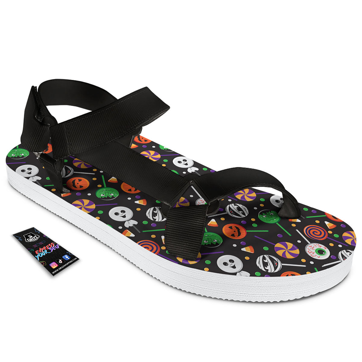 Candy Monsters Halloween Print Pattern Black Open Toe Sandals-grizzshop