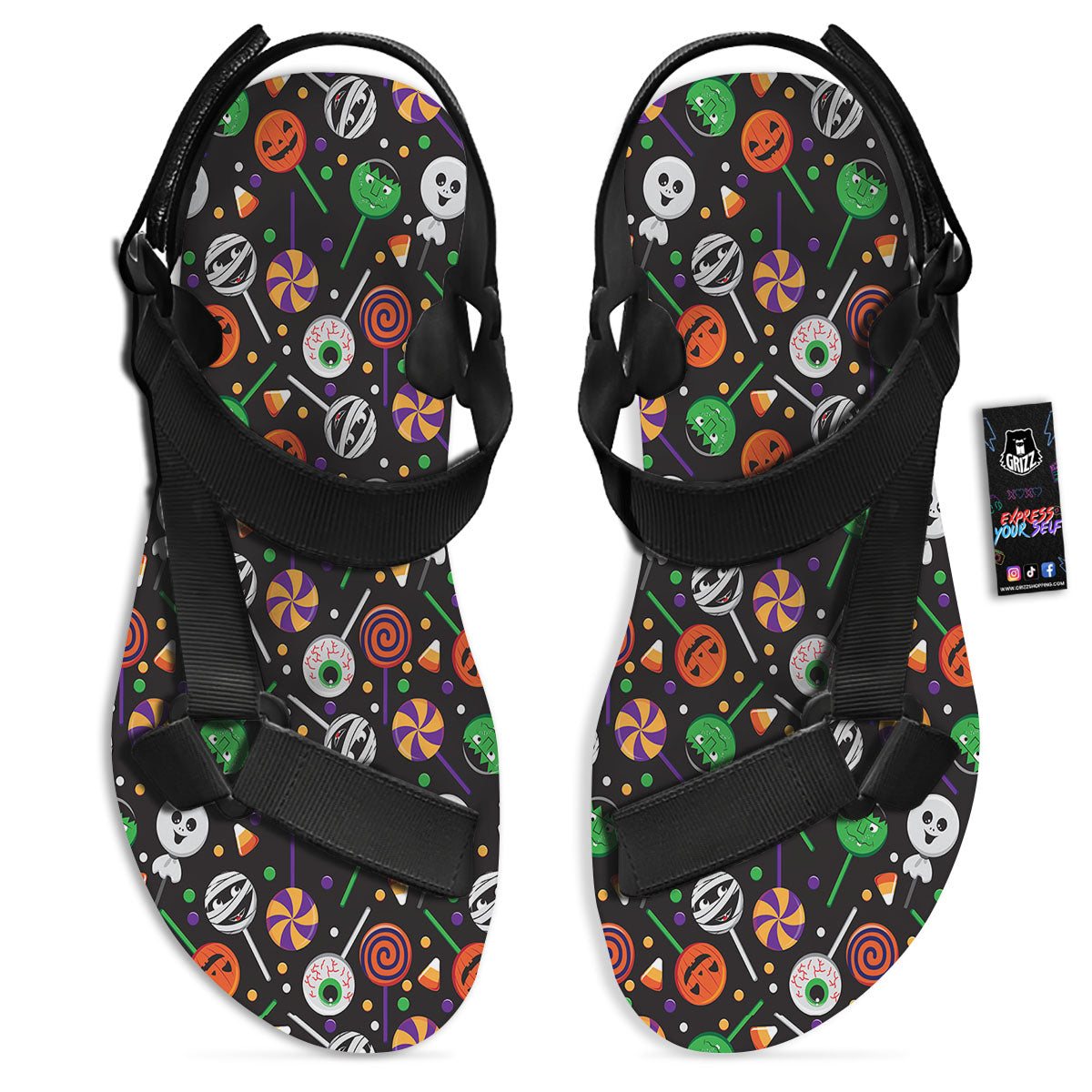 Candy Monsters Halloween Print Pattern Black Open Toe Sandals-grizzshop