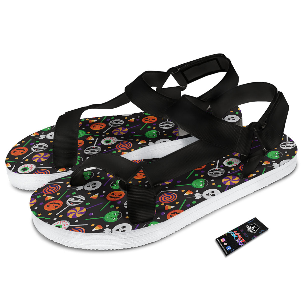 Candy Monsters Halloween Print Pattern Black Open Toe Sandals-grizzshop