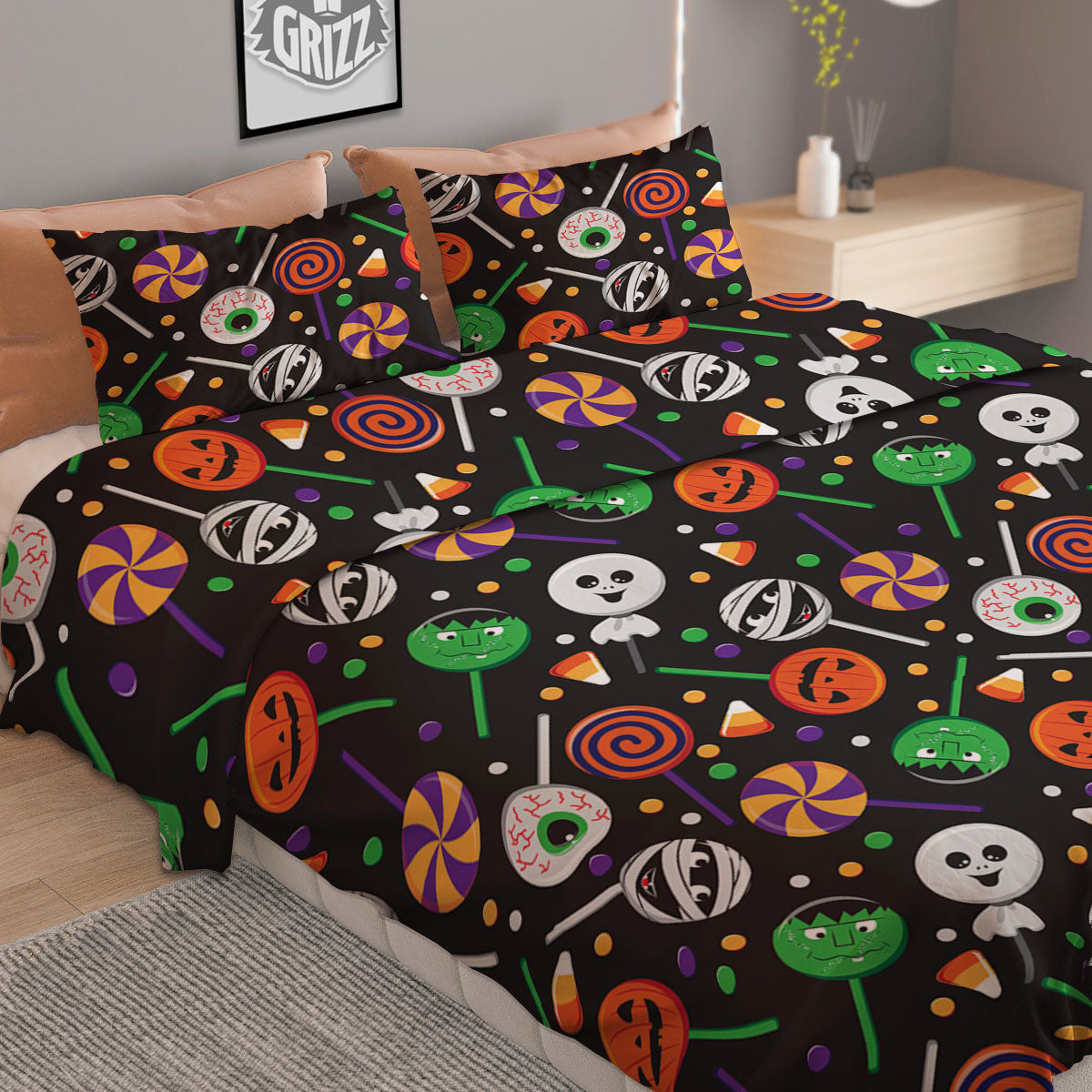 Candy Monsters Halloween Print Pattern Duvet Cover Bedding Set
