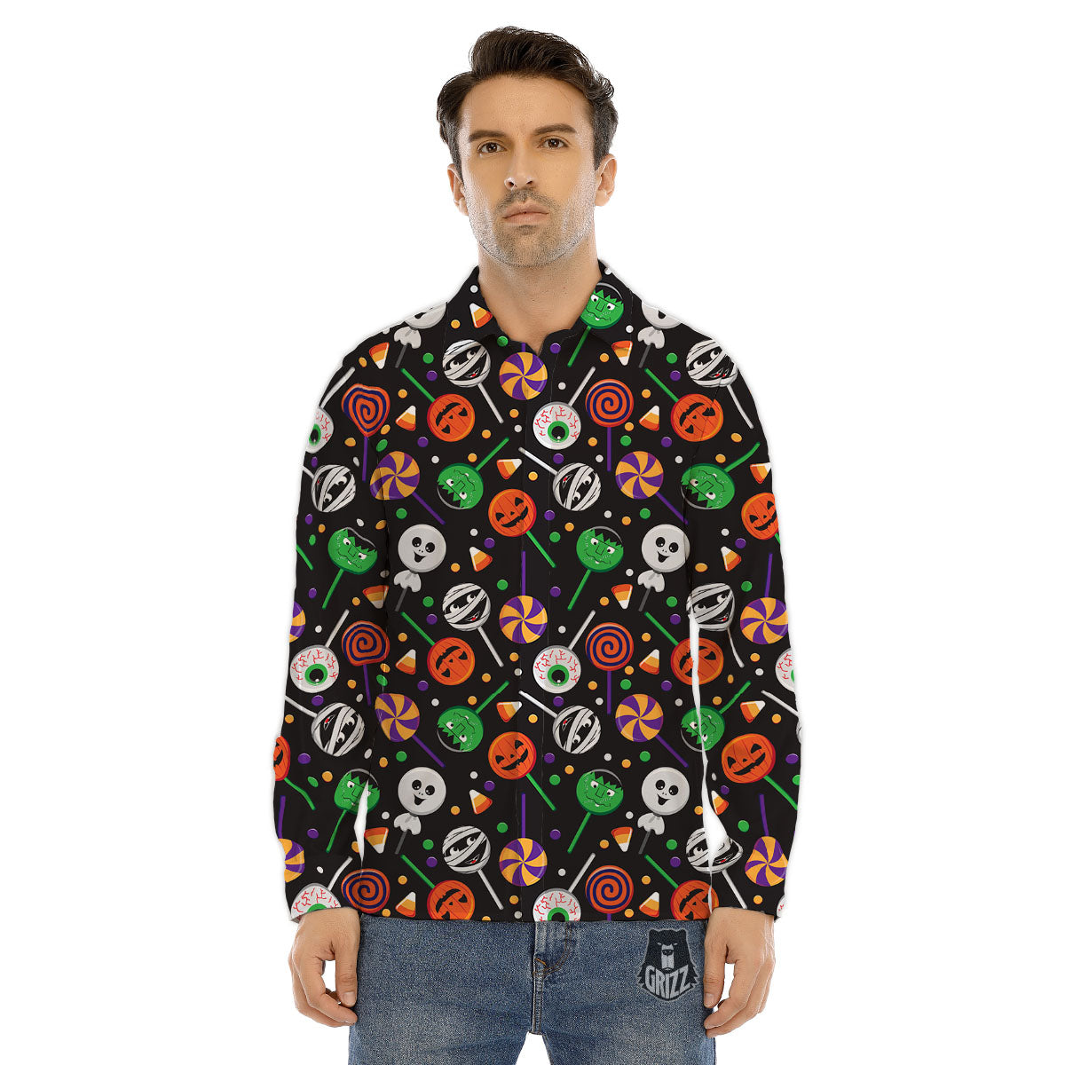Candy Monsters Halloween Print Pattern Men's Dress Shirts-grizzshop