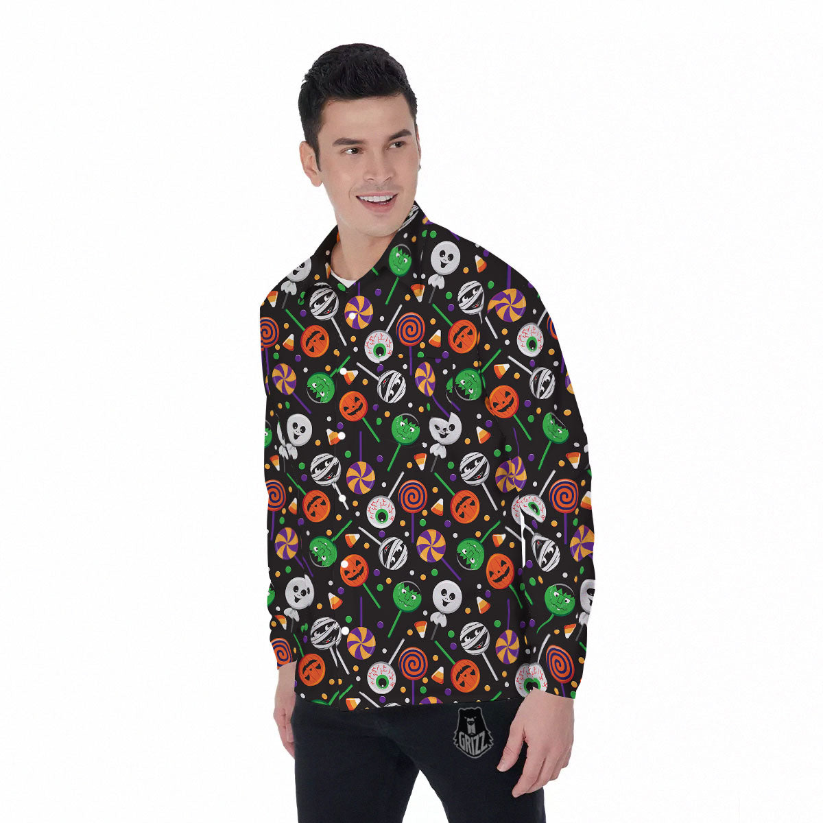 Candy Monsters Halloween Print Pattern Men's Long Sleeve Shirts-grizzshop