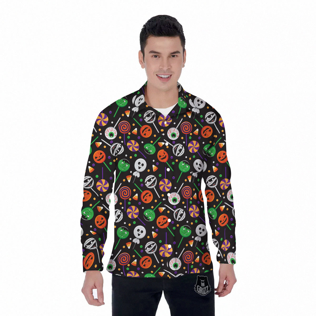 Candy Monsters Halloween Print Pattern Men's Long Sleeve Shirts-grizzshop