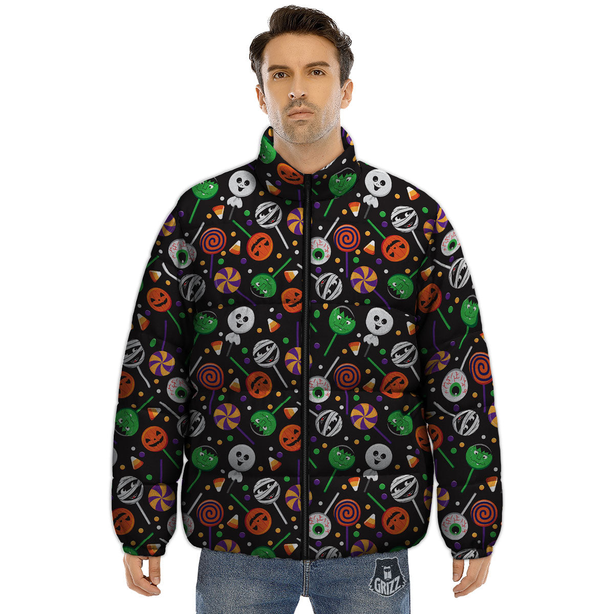 Candy Monsters Halloween Print Pattern Puffer Jacket-grizzshop
