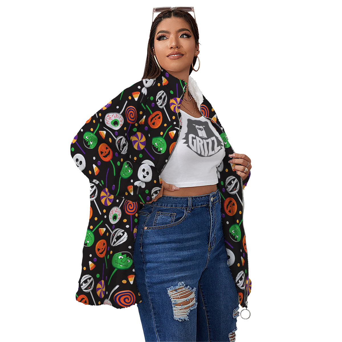 Candy Monsters Halloween Print Pattern Women's Sherpa Jacket-grizzshop