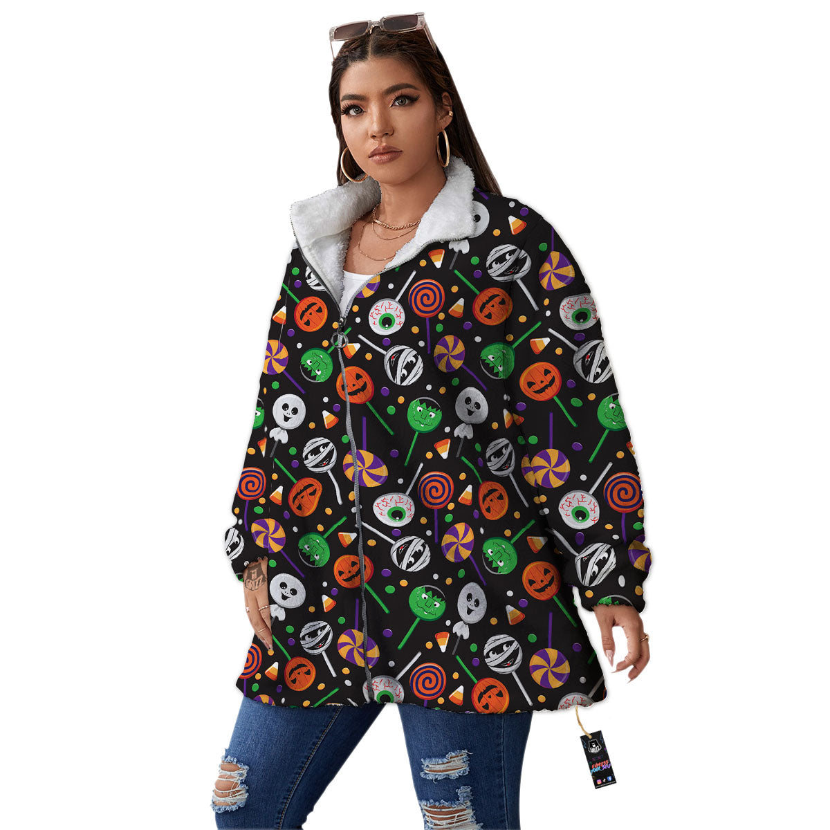 Candy Monsters Halloween Print Pattern Women's Sherpa Jacket-grizzshop
